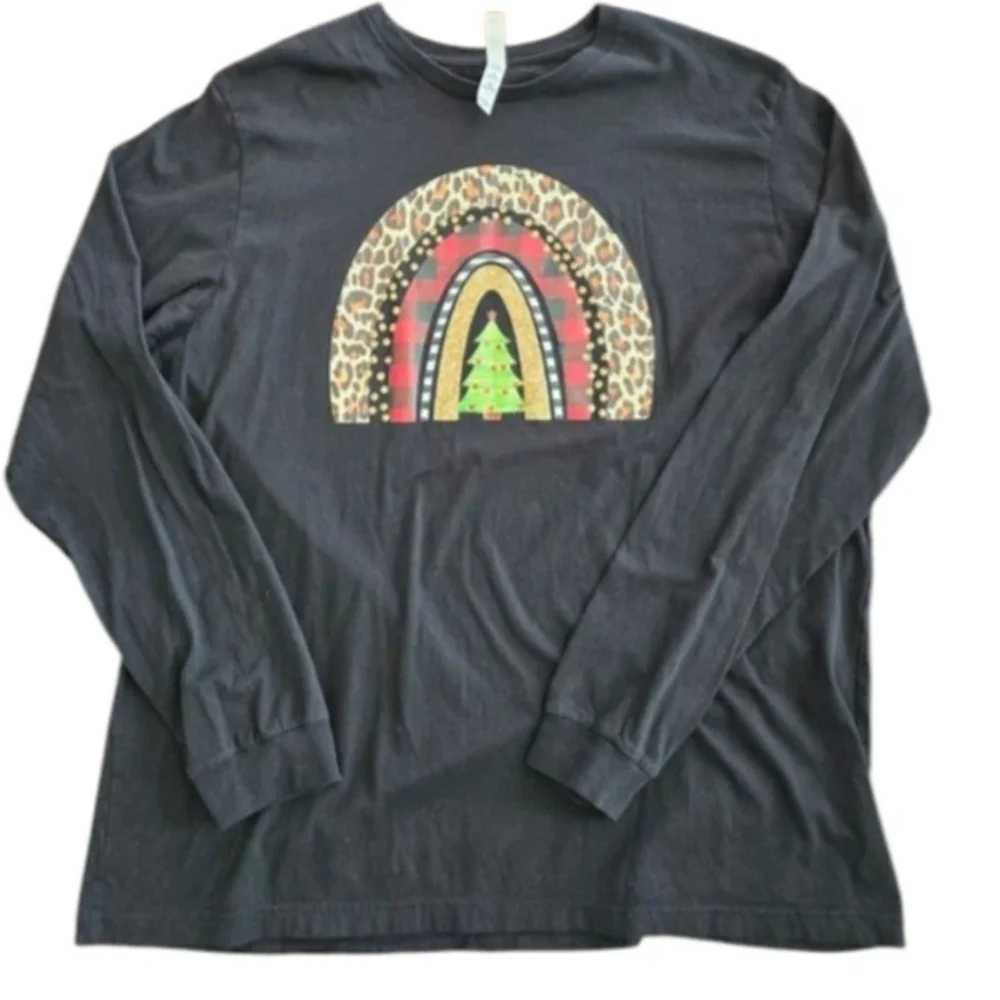 Christmas Long Sleeve Black T Shirt Leopard Plaid Christmas Tree Size 3X Holiday - Picture 6 of 6